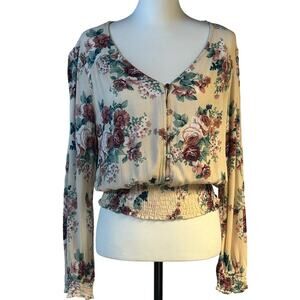 Moa Moa Long Sleeve V-Neck Smocked Waist Crop Boho Peasant Top Women L Pink